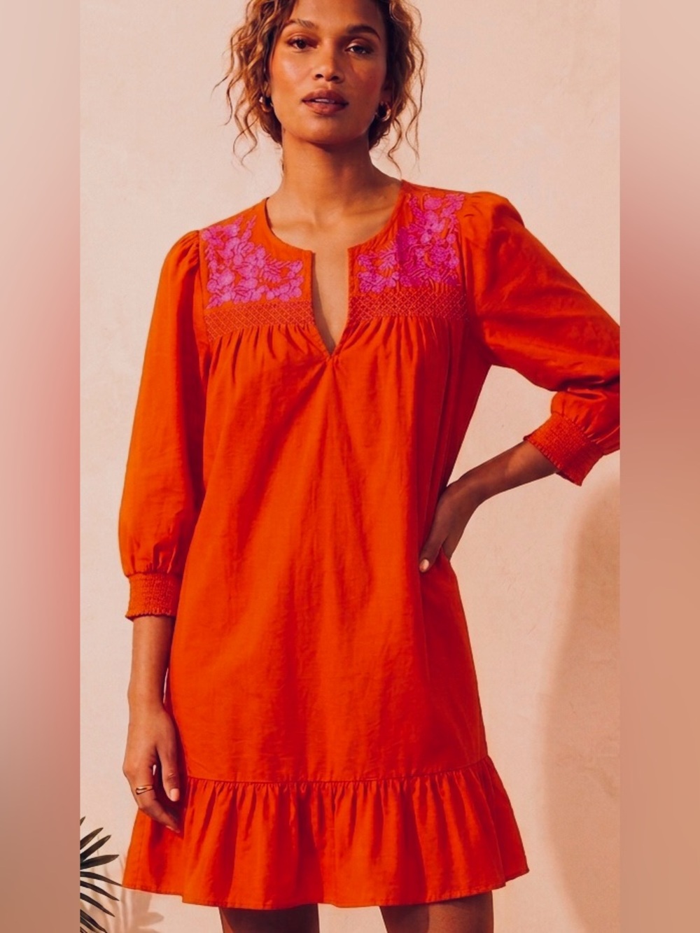 J. Crew Bright Orange Dress with Hot  Pink Floral Embroidery